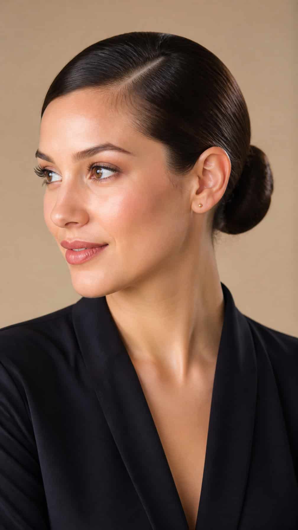Woman with her hair styled in a neat bun, shown from the shoulders up.