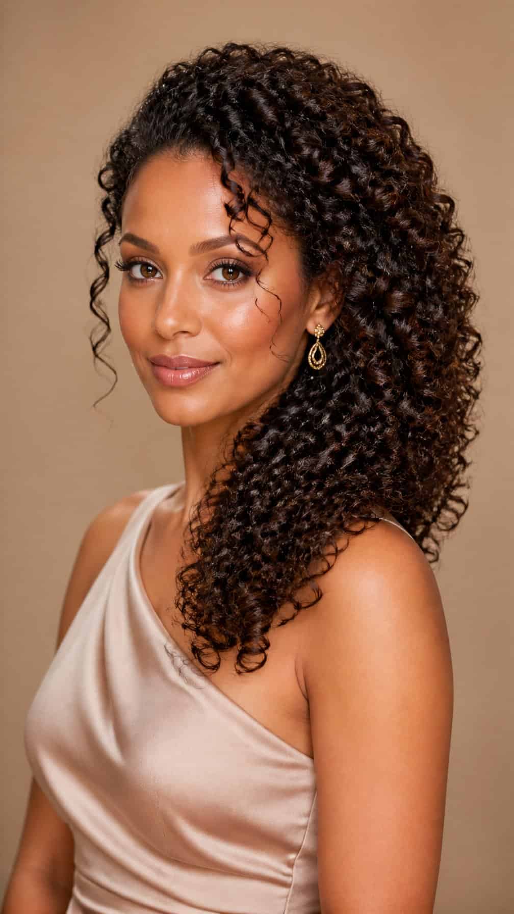 Woman with curly hair swept over one shoulder, wearing elegant evening attire.