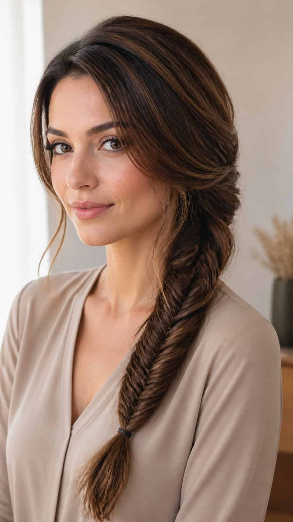 Woman wearing a side-swept fishtail braid over one shoulder.