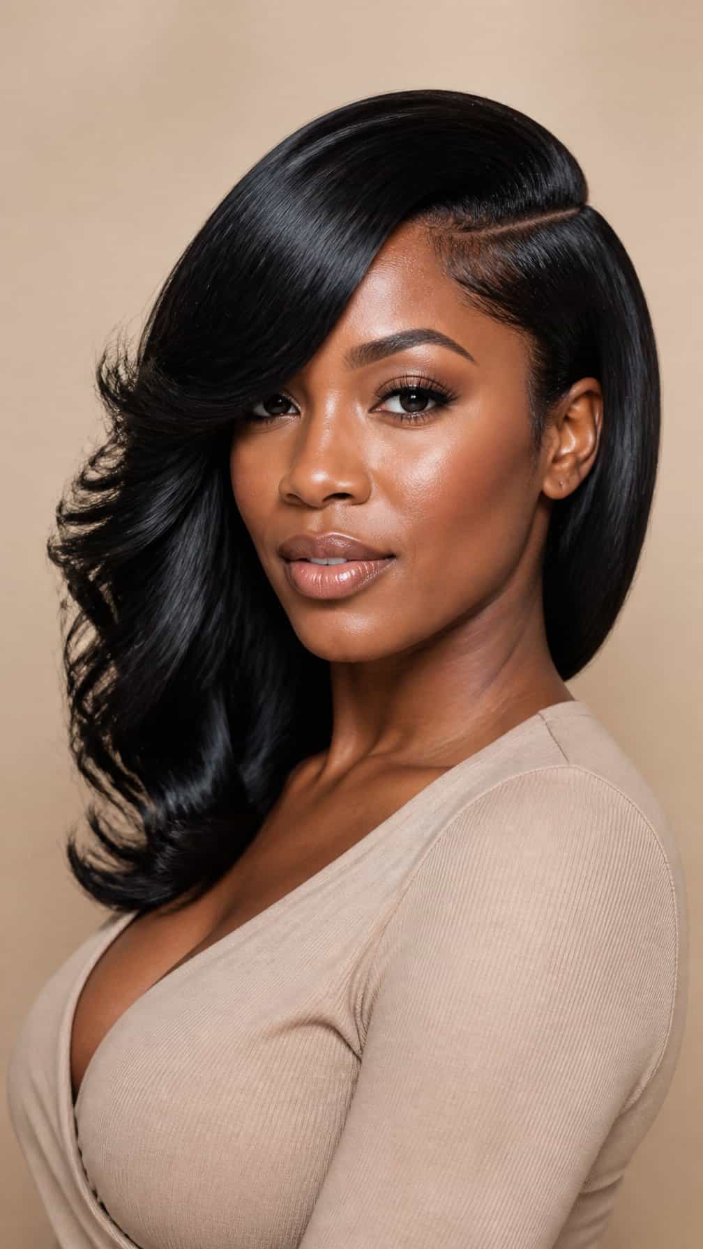 A woman poses in a softly lit studio against a neutral background.