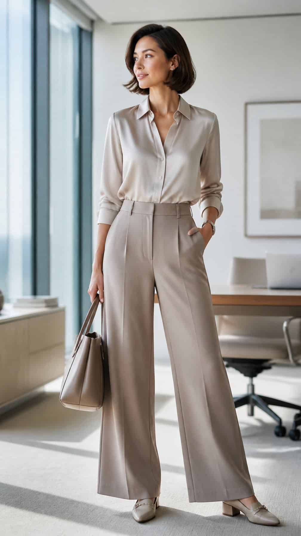 Professional woman wearing a silk blouse and wide-leg pants in a bright office.