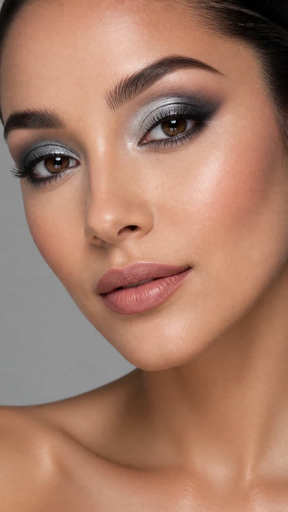 Close-up portrait of a woman wearing silver smokey eye makeup.