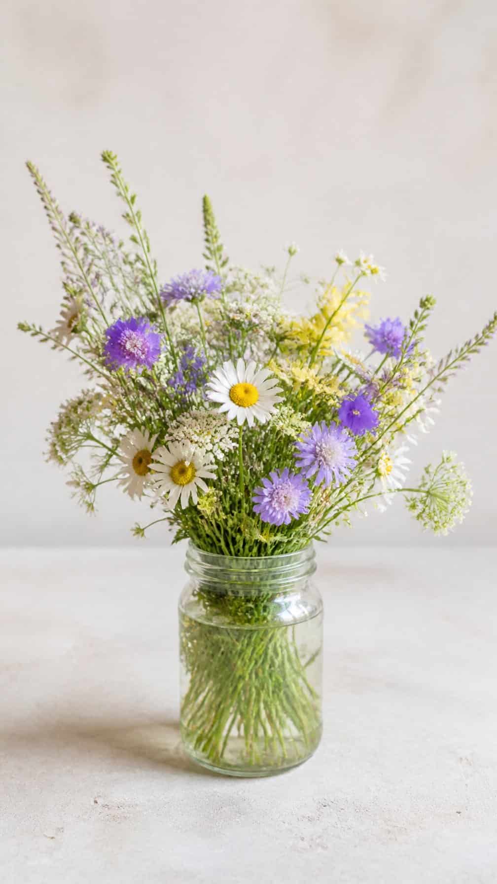 A simple bouquet of colorful wildflowers in a small glass jar on a light tabletop.
