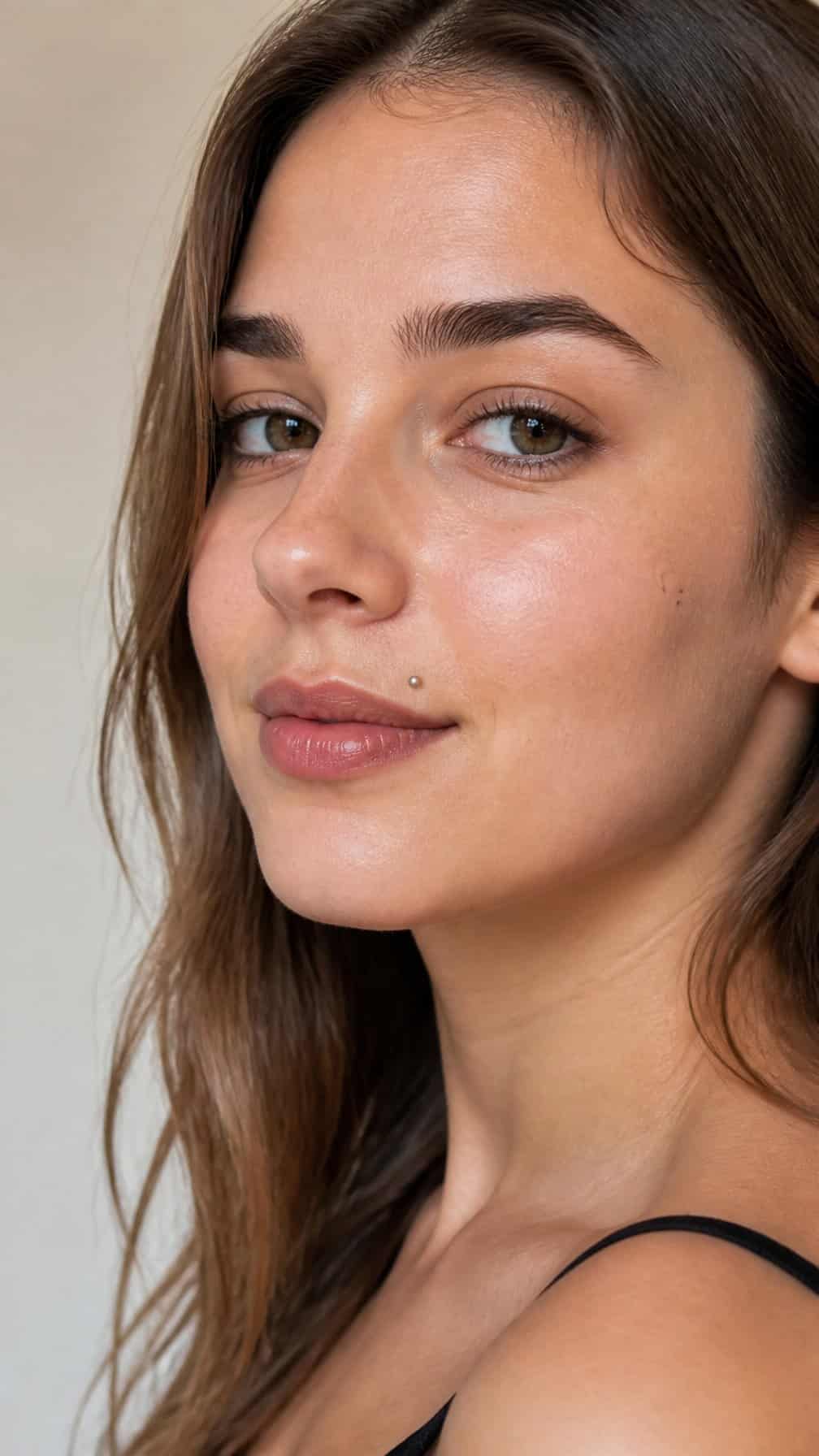 Close-up portrait of a person with a small single canine piercing on the upper lip.