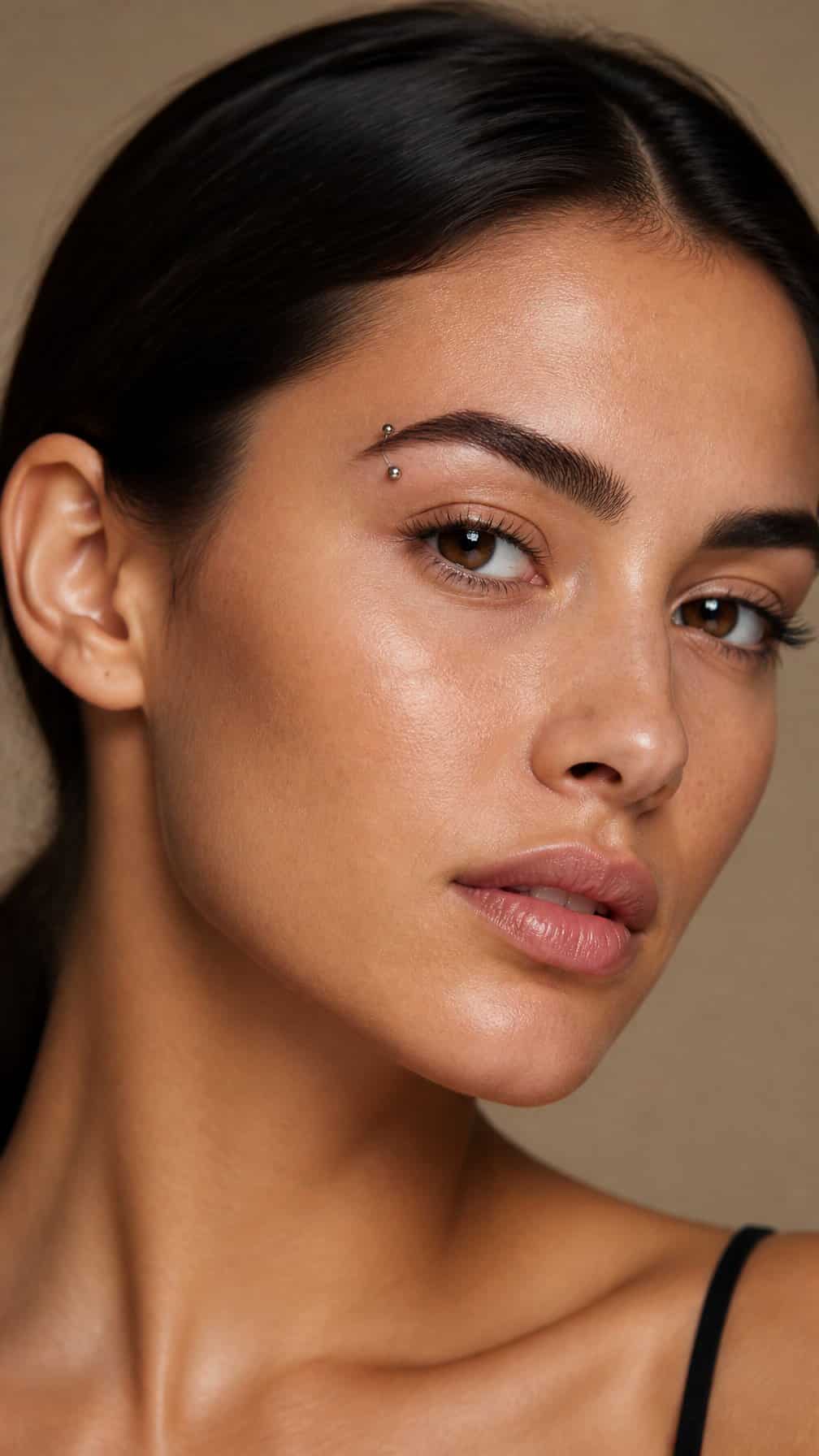 Close-up portrait of an adult wearing a single curved barbell eyebrow piercing.