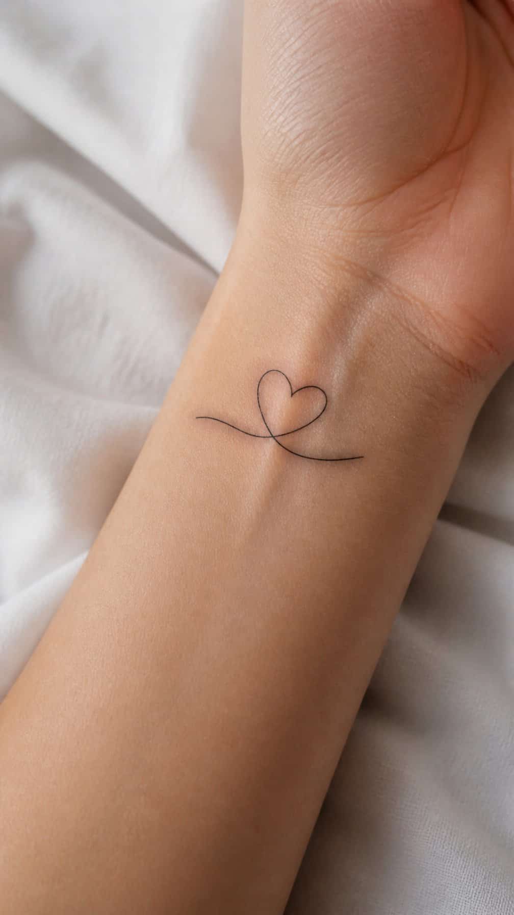 A small single-line heart tattoo on an adult’s inner wrist.