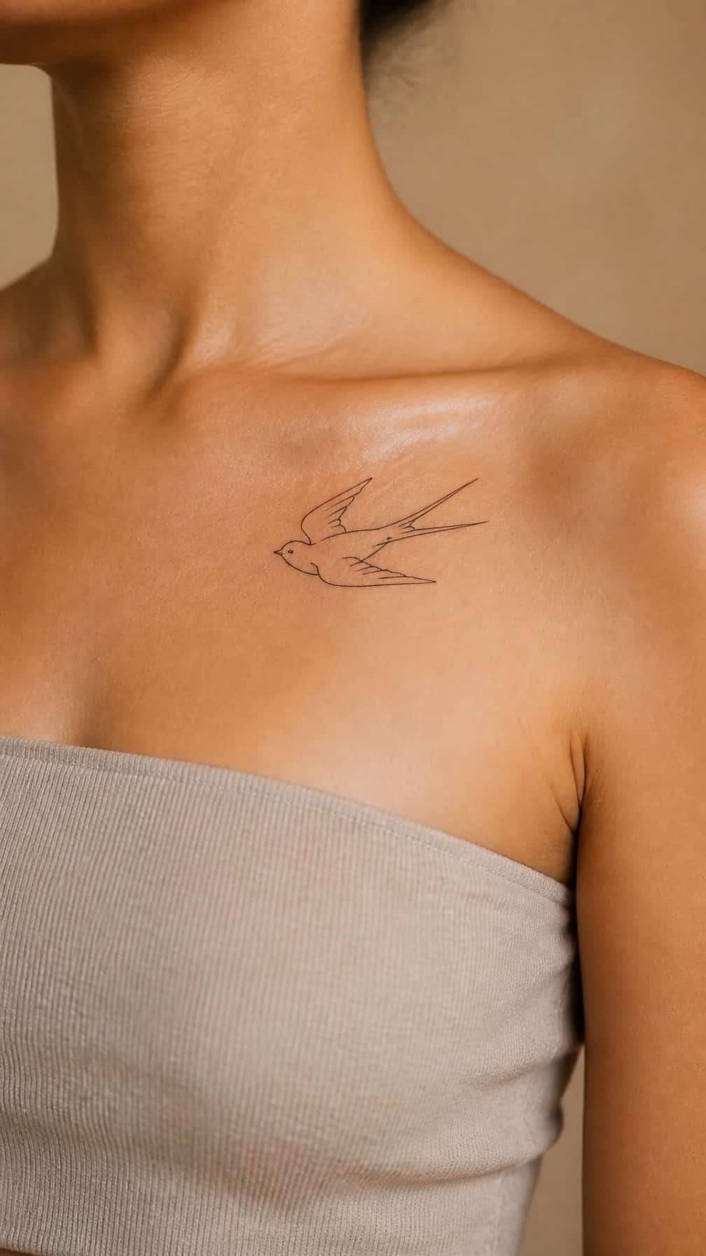 A minimalist swallow tattoo lies beneath a person's collarbone.
