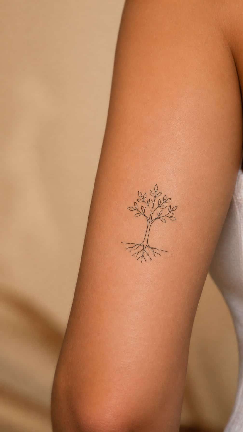 A minimalist single-line tree tattoo with visible roots on human skin.