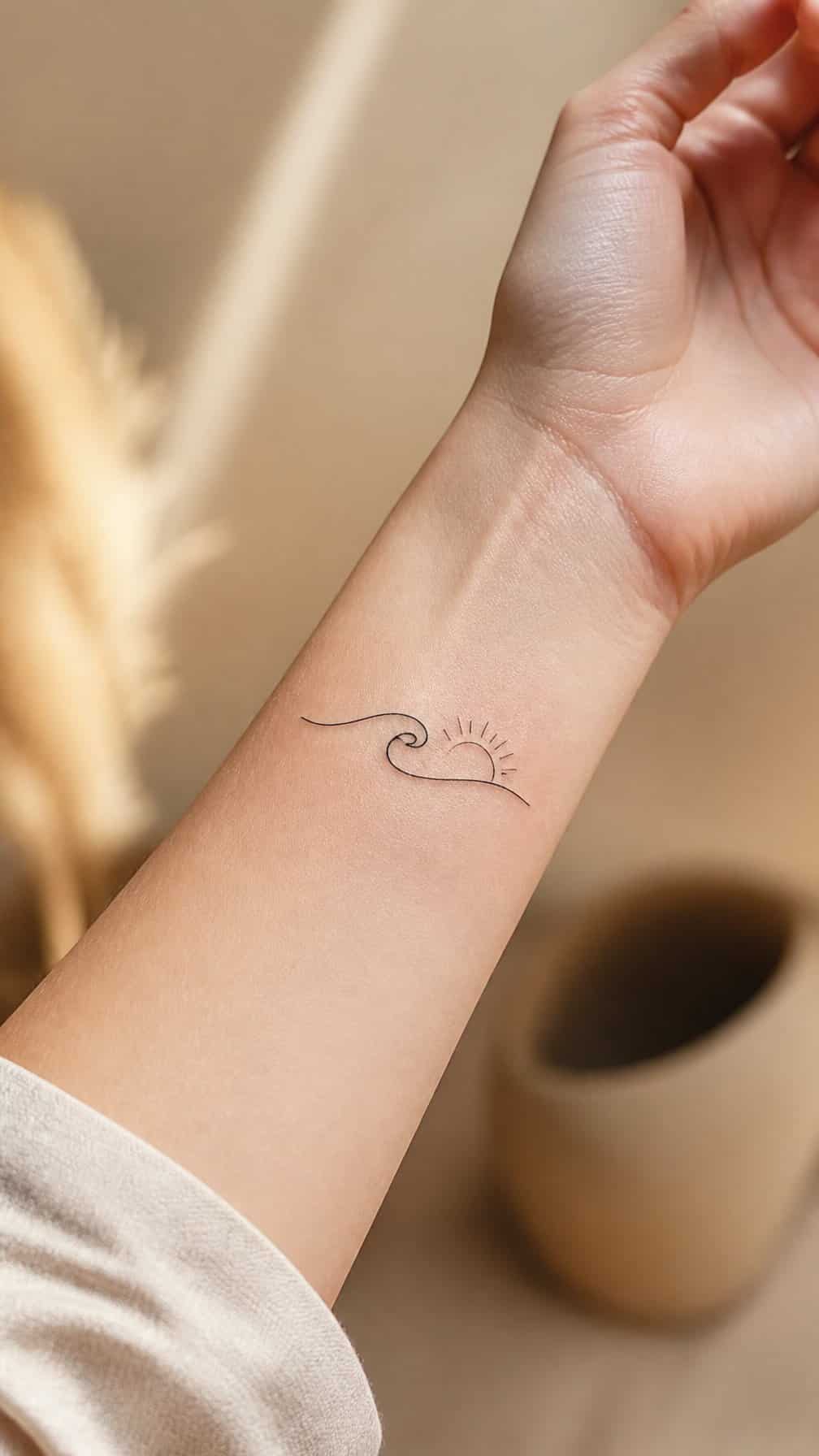 A minimalist tattoo of a single-line wave and rising sun on a forearm.