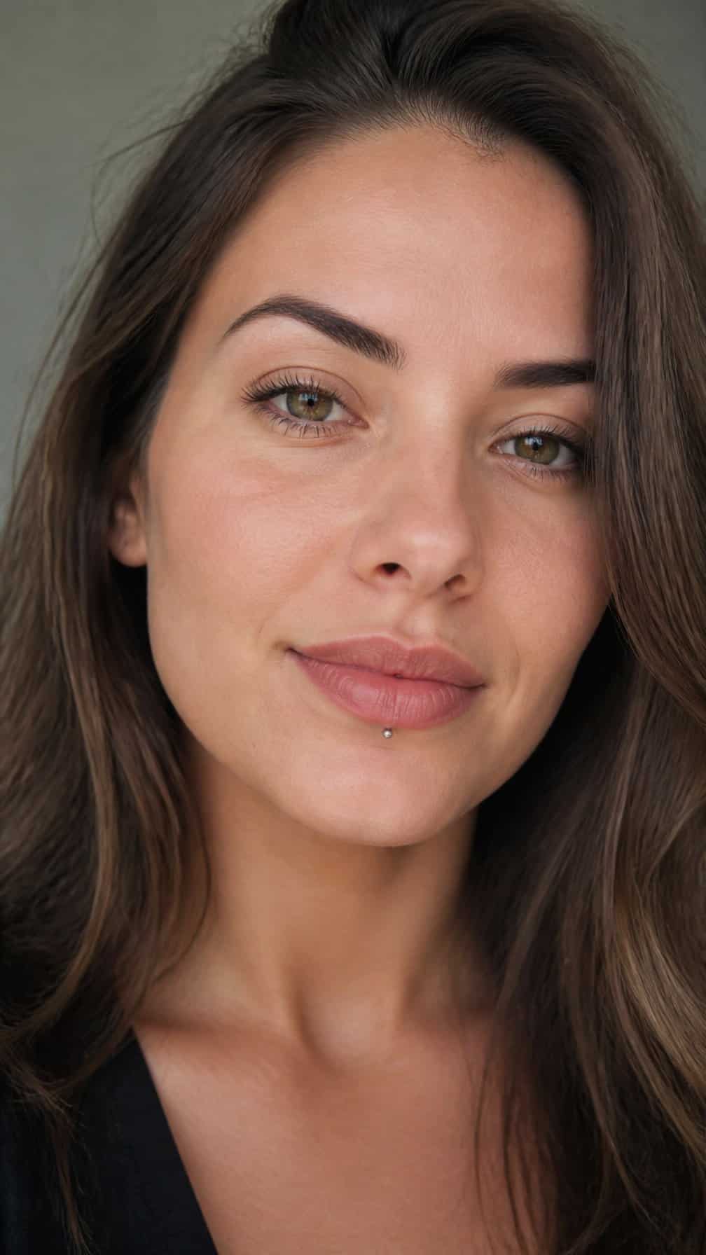 Close-up portrait of an adult wearing a single stud piercing on one side of the lower lip.