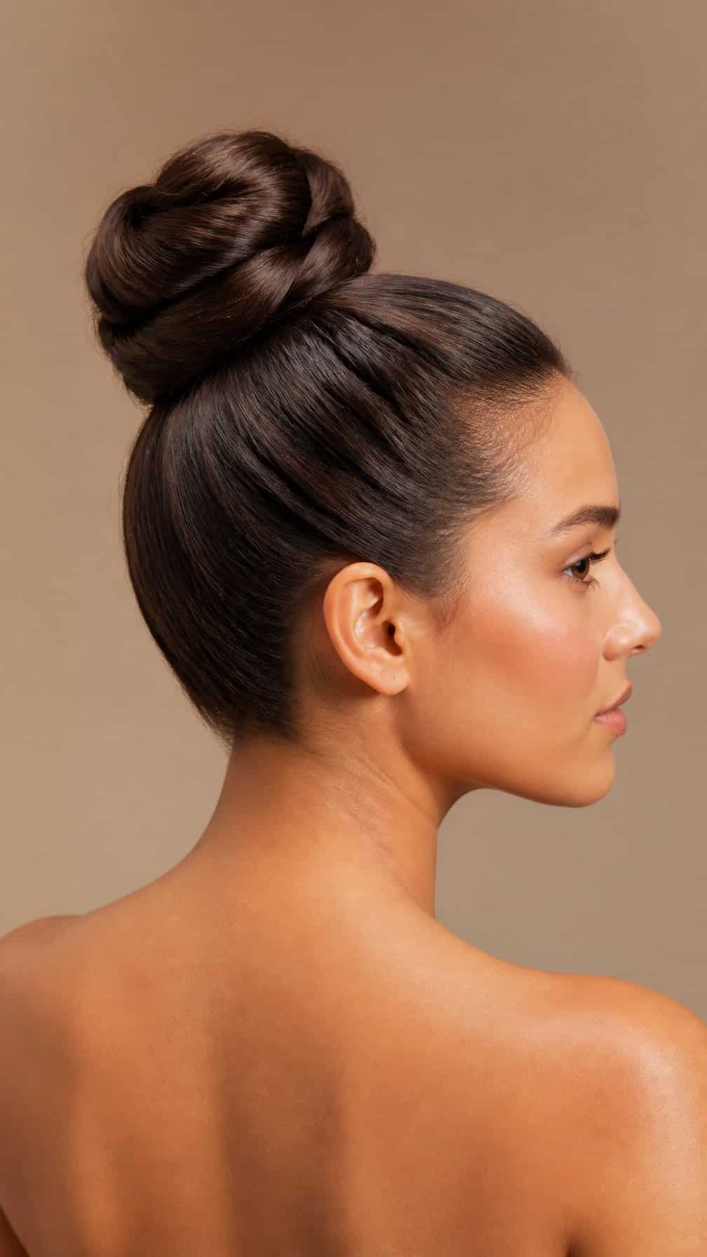 Woman wearing her hair in a sleek high bun.