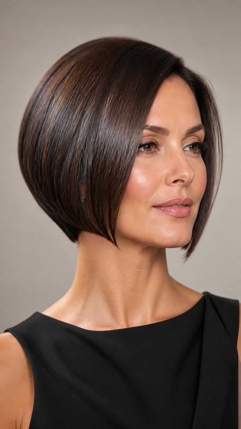 A woman with a smooth angled bob haircut poses against a neutral background.