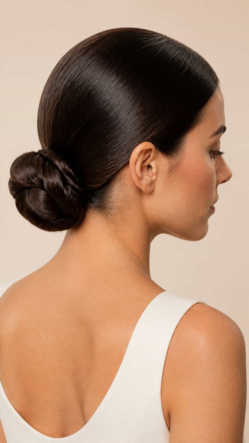Woman with long hair styled in a sleek low bun at the nape of her neck.