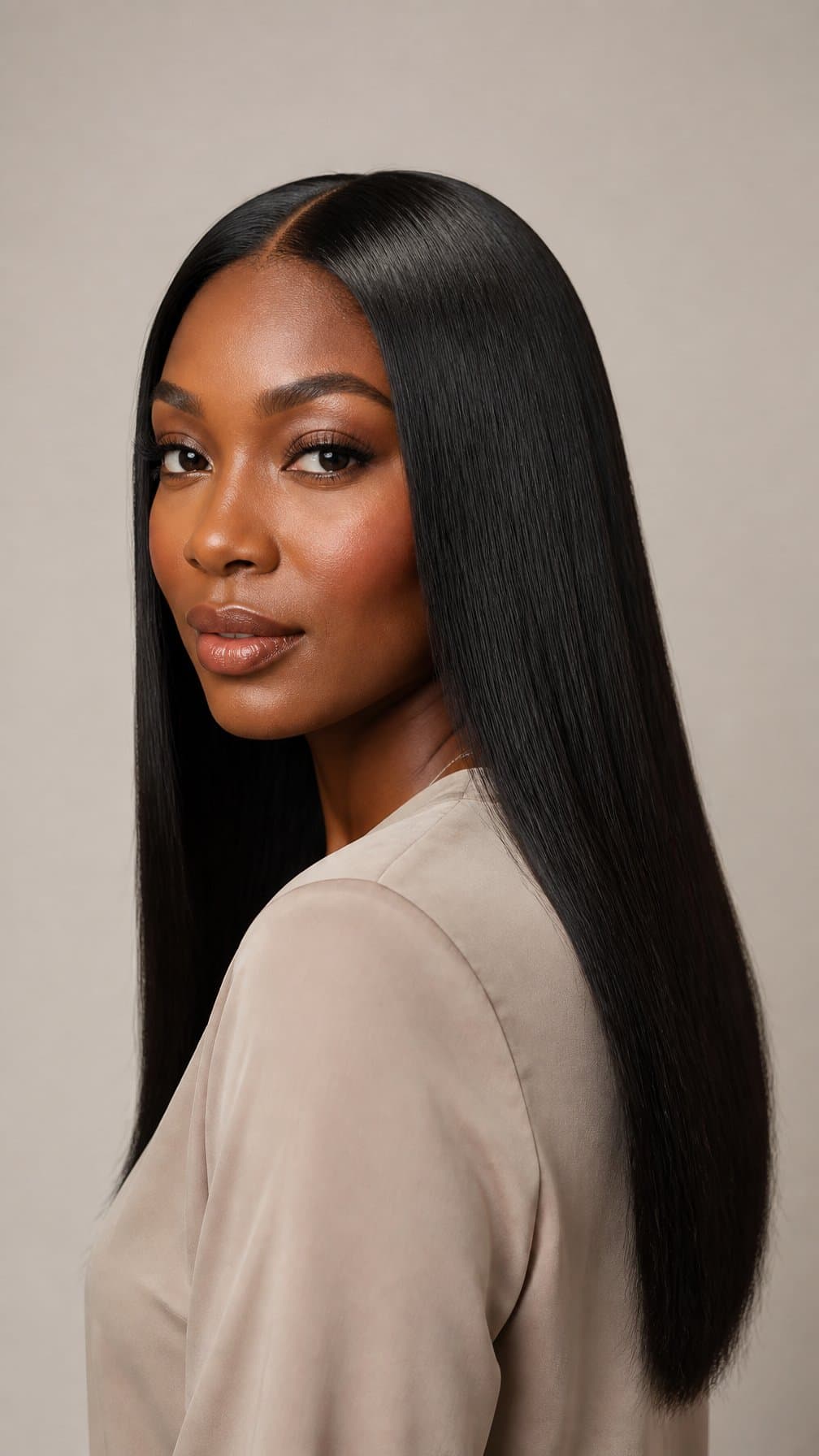 A woman poses in a softly lit studio against a plain background.