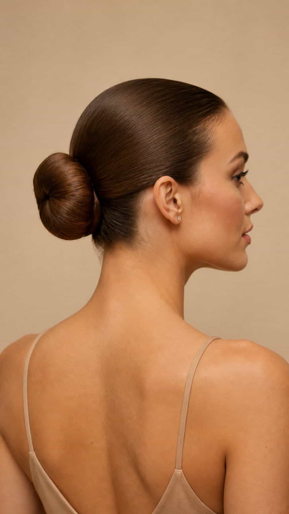 Woman wearing a smooth ballerina bun at the back of her head.