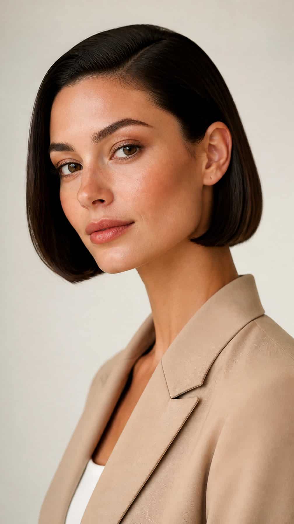 A woman with a smooth short bob haircut poses against a light background.