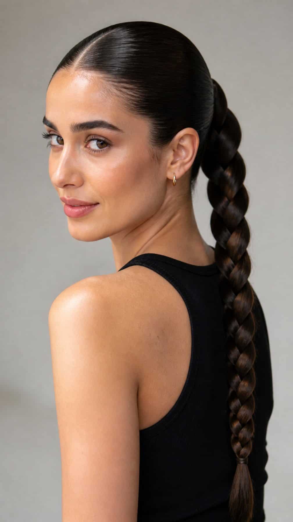 A woman with her hair pulled back into a long braid.