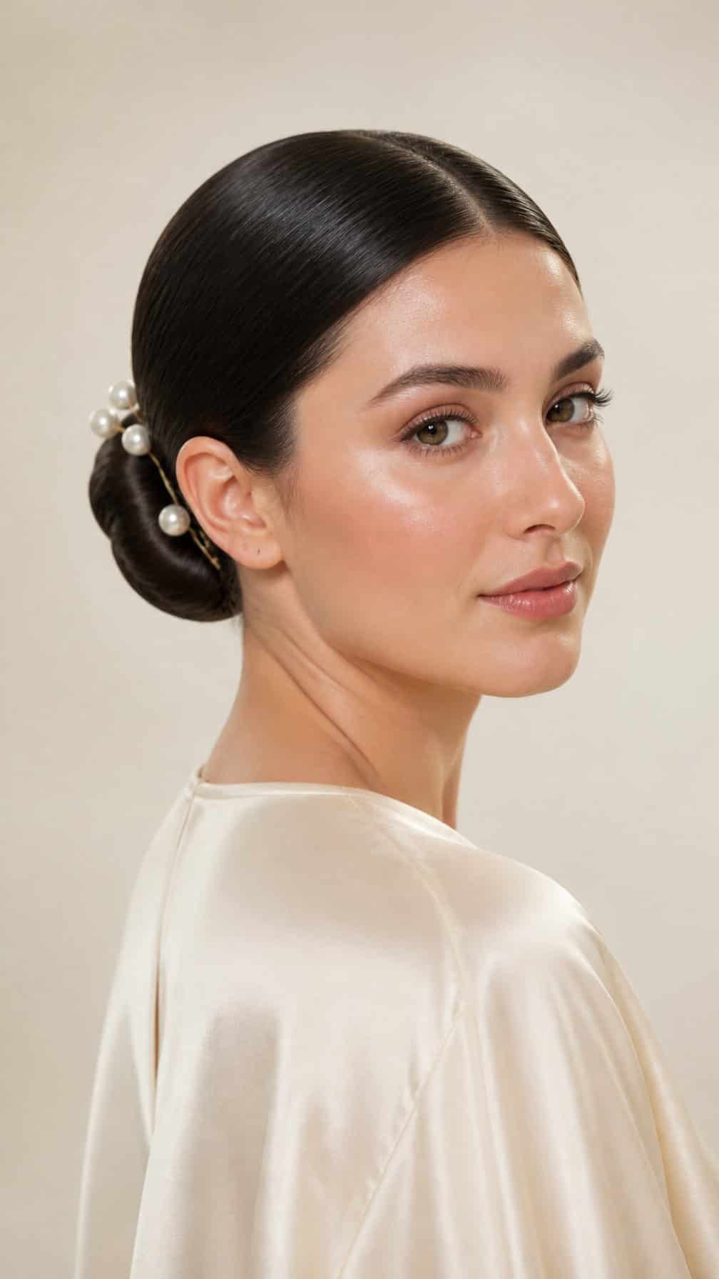 A woman wears a sleek low bun decorated with pearl hairpins.