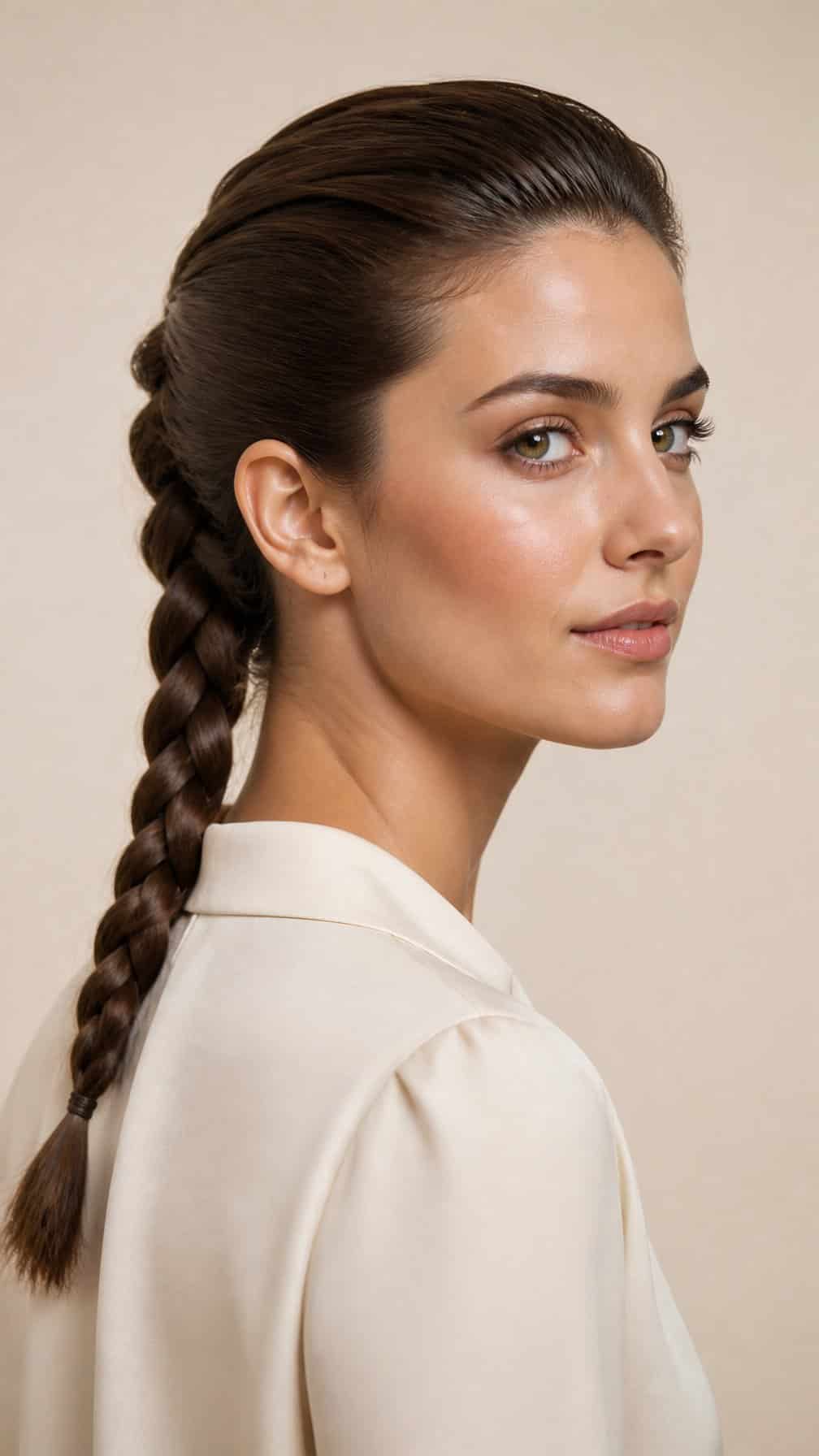 A woman with a neatly braided hairstyle poses against a plain background.