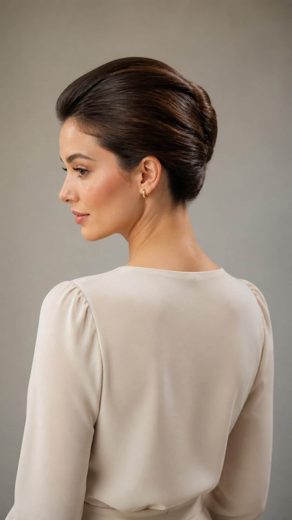 A woman with her hair swept back into a neat French twist.