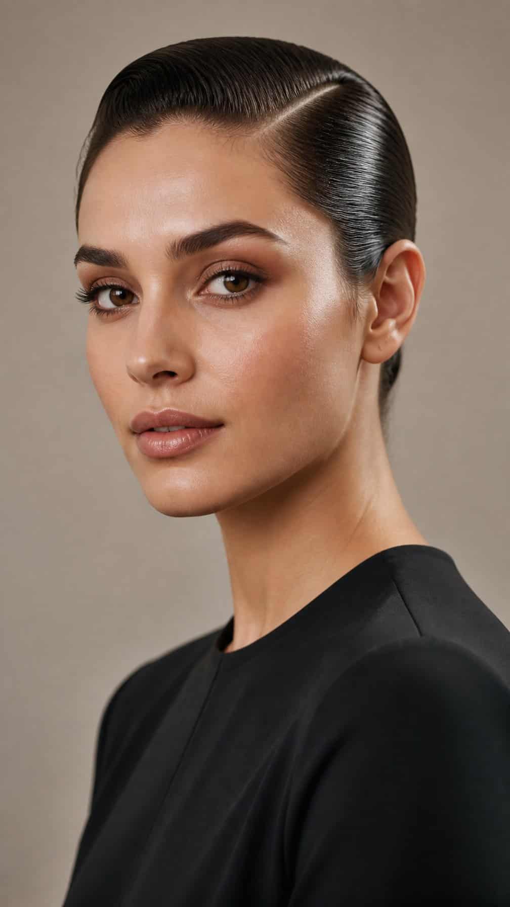 A woman with neatly combed-back hair poses against a plain studio background.