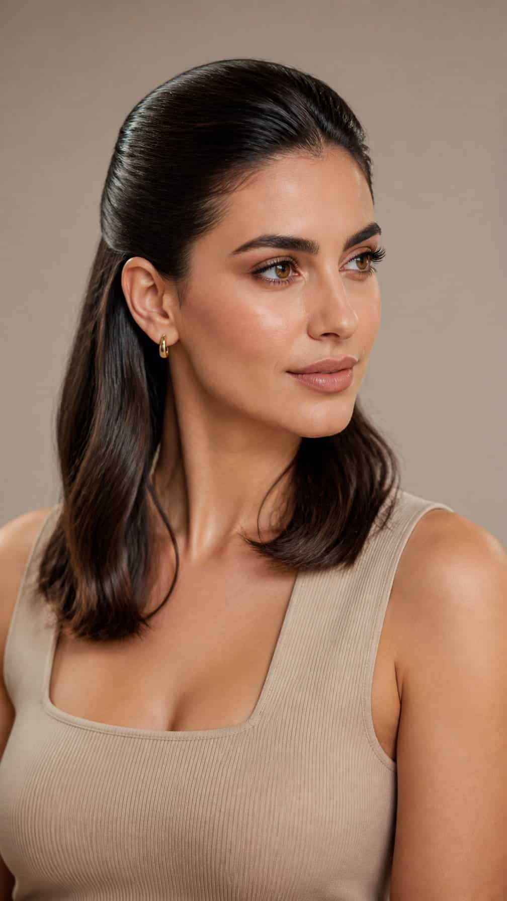 Woman with her hair styled neatly away from her face and gathered at the back.