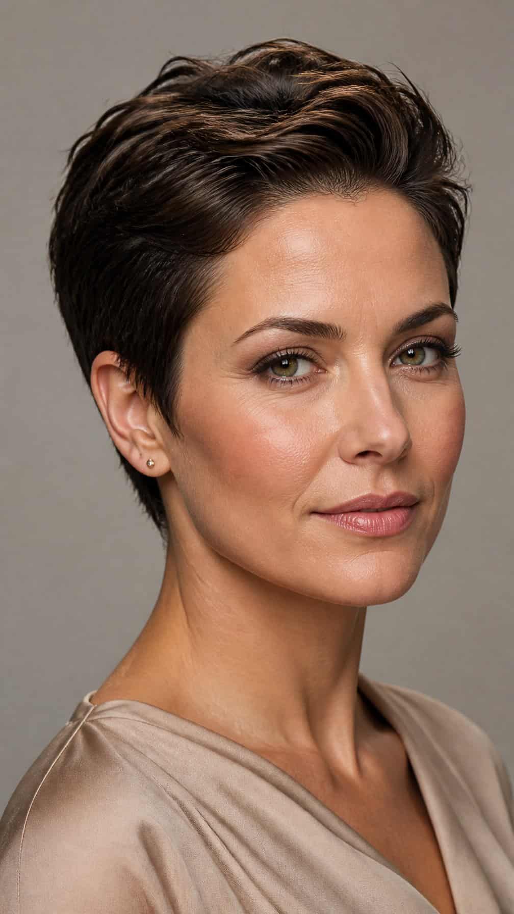 A woman with a short textured pixie haircut poses against a neutral background.