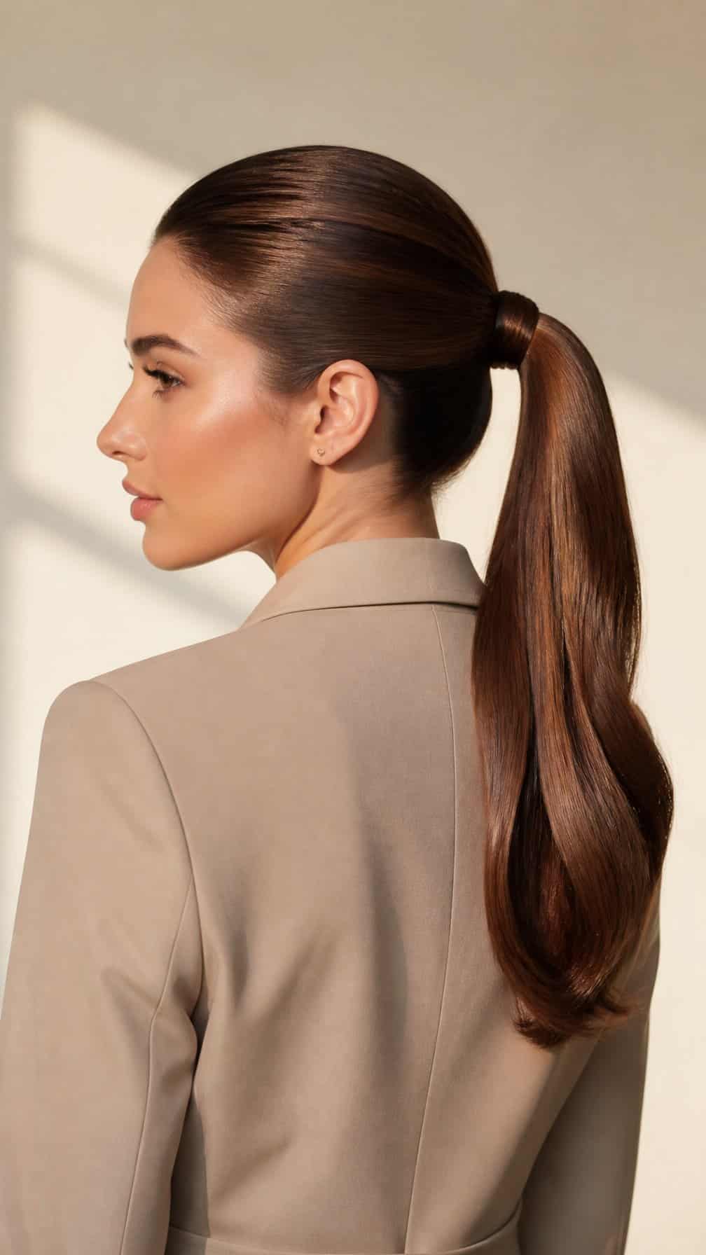 Woman with a sleek ponytail secured with a section of hair wrapped around its base.