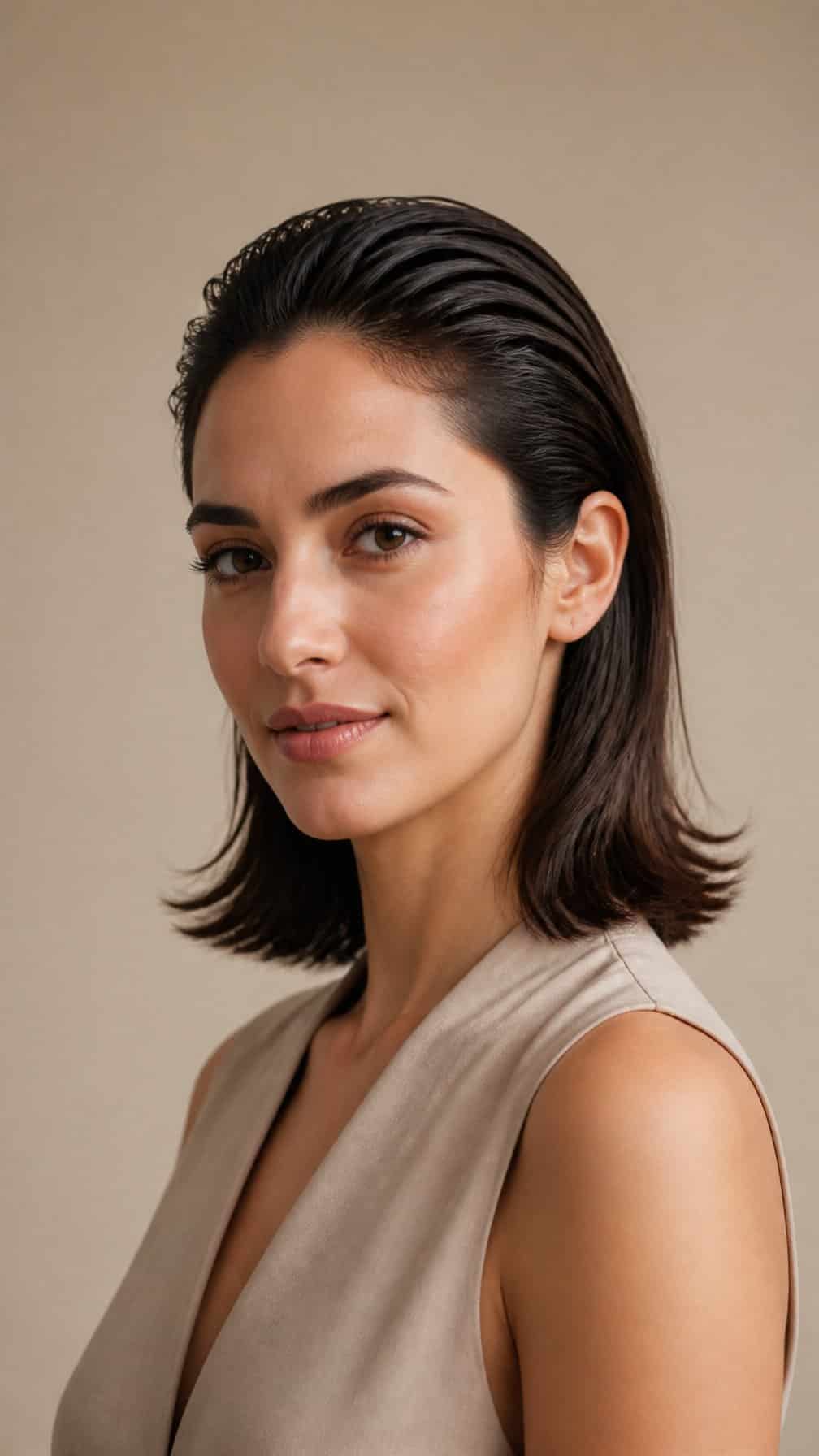 A woman with shoulder-length hair brushed back from her face and softly curved ends.