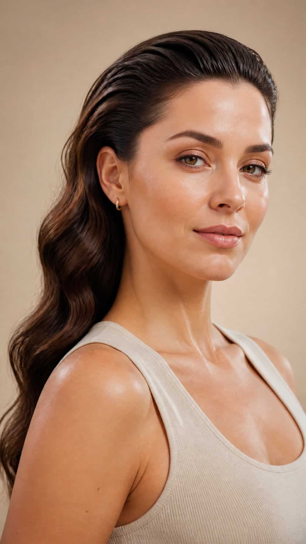 Woman with sleek, softly waved hair brushed back from her face.