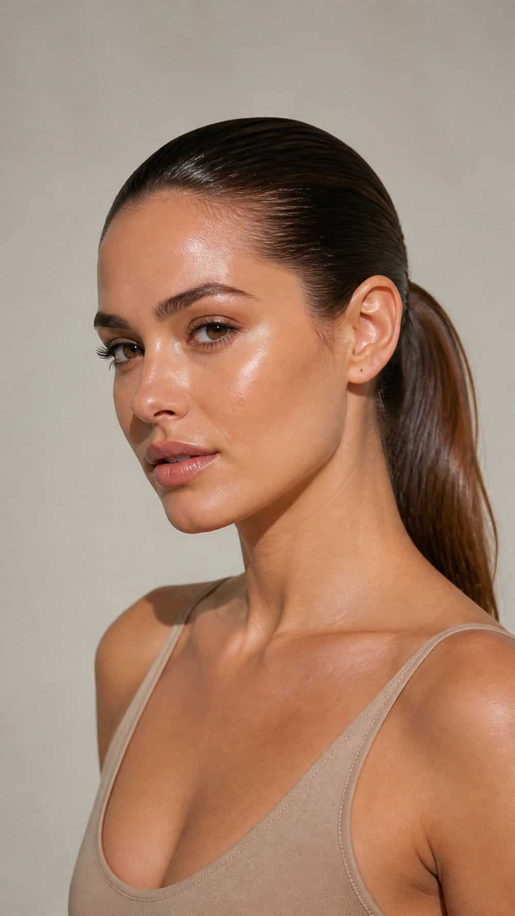 A woman with a sleek wet-look ponytail poses against a neutral background.