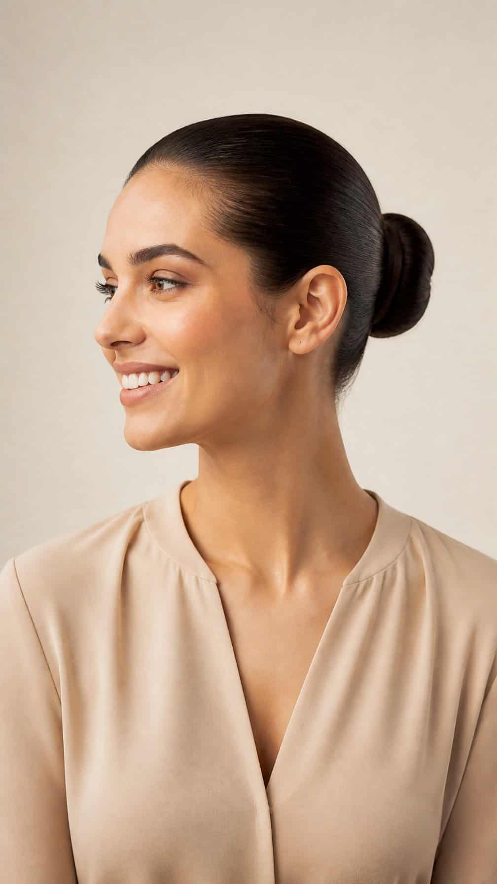 A woman with a smooth slicked-back ballet bun hairstyle.