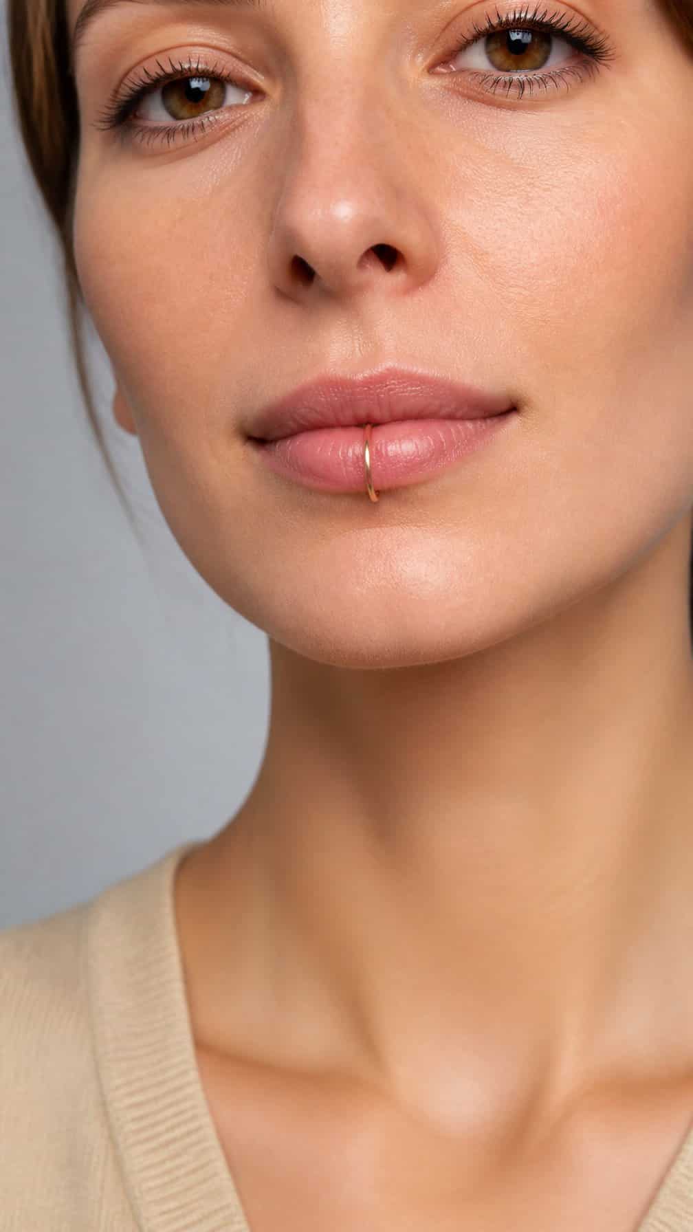Close-up portrait of a person wearing a slim gold hoop lip piercing.