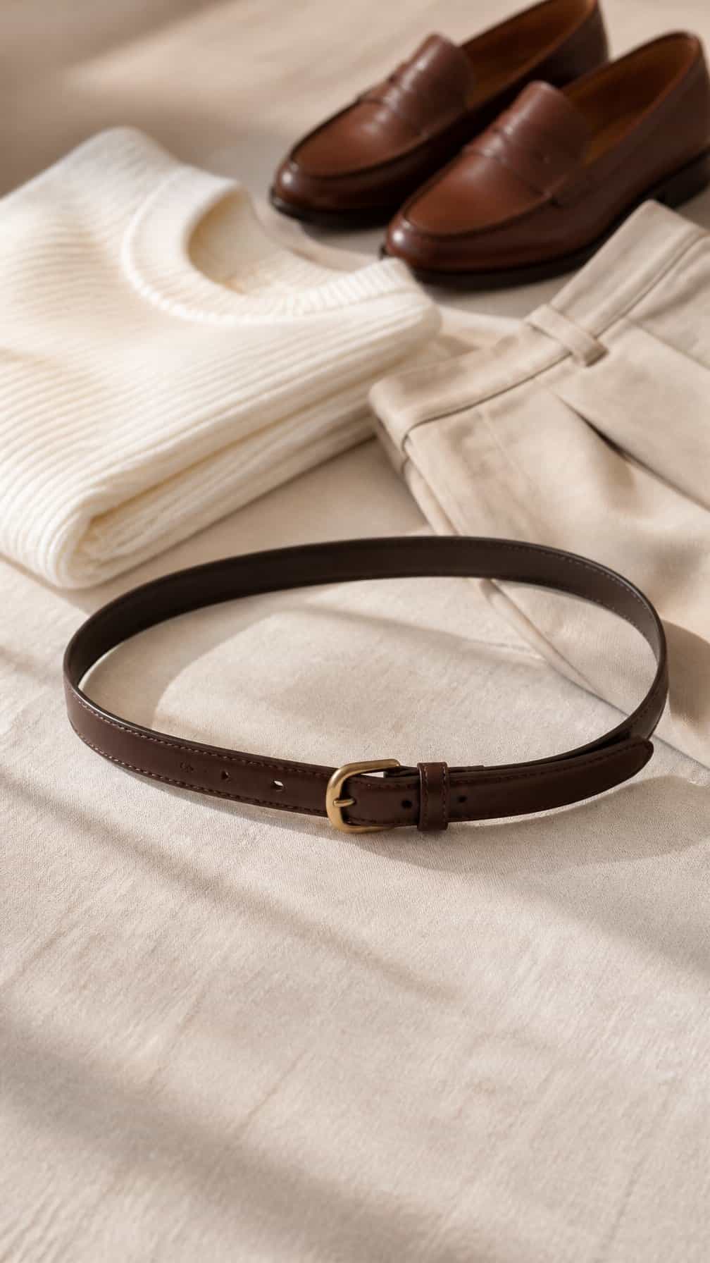 A slim dark brown leather belt arranged on a beige surface beside folded clothing and brown loafers.