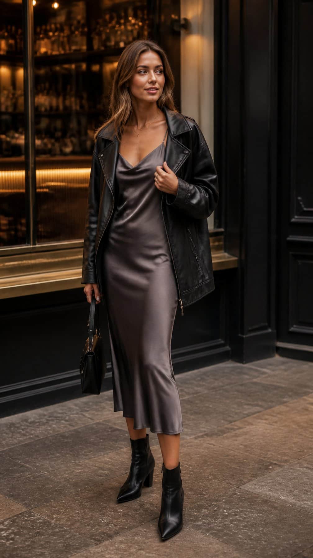 A woman in a satin slip dress, oversized leather jacket, and ankle boots stands outside a warmly lit bar.