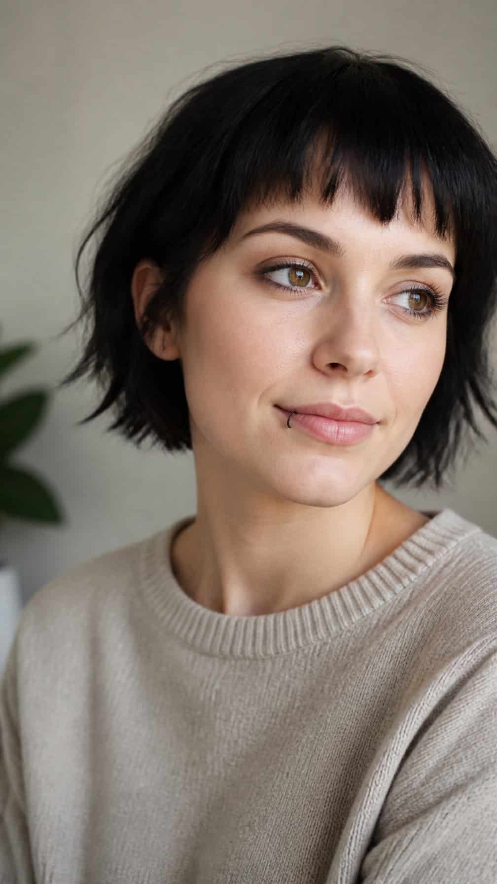 Adult person wearing a small black lip ring in a bright minimalist setting.