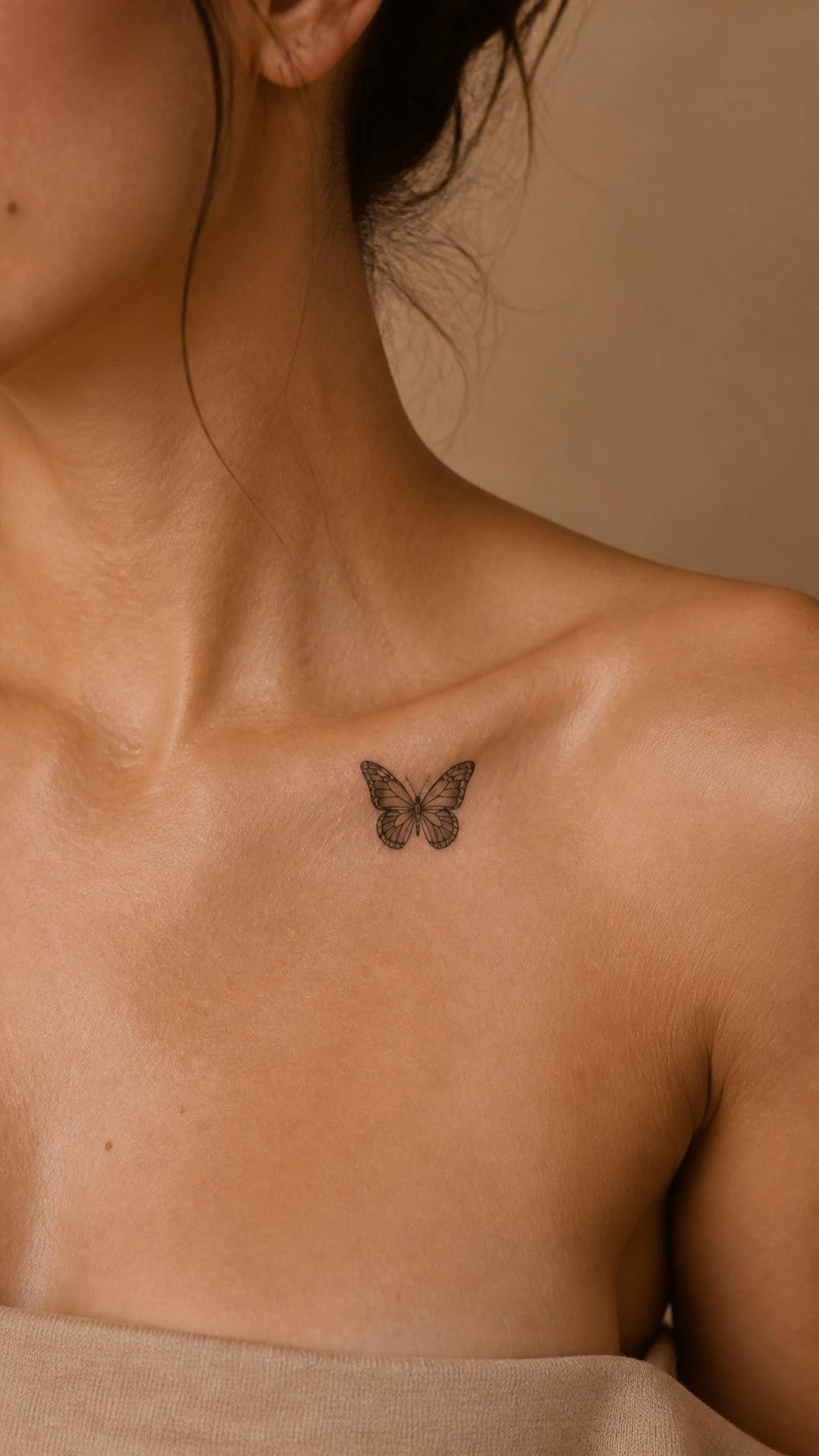 A small butterfly tattoo rests just below a woman’s collarbone.