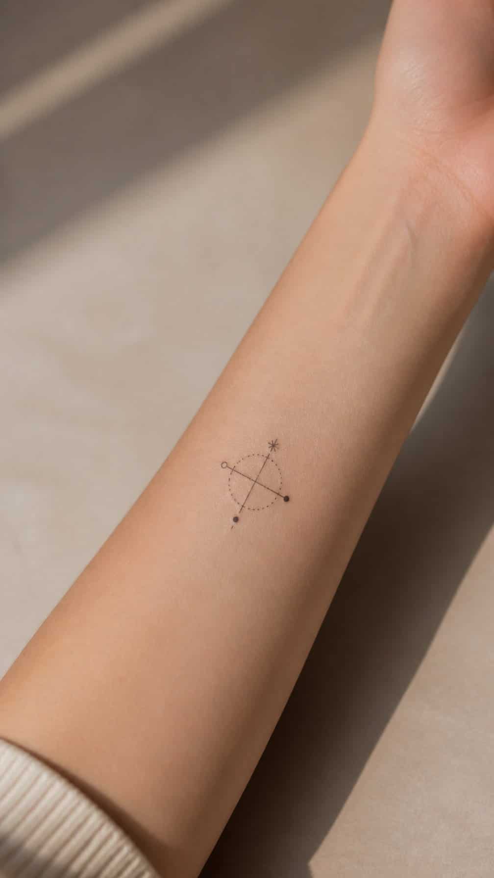A close-up of an inner forearm with a small minimalist coordinate-inspired tattoo.