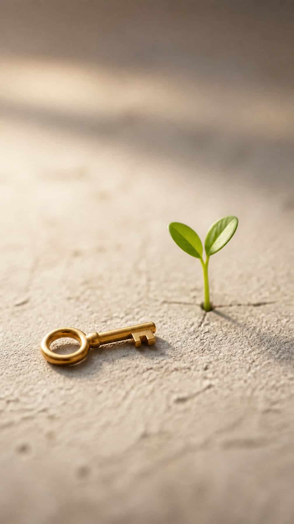 A small key rests beside a fresh green sprout on a neutral surface.
