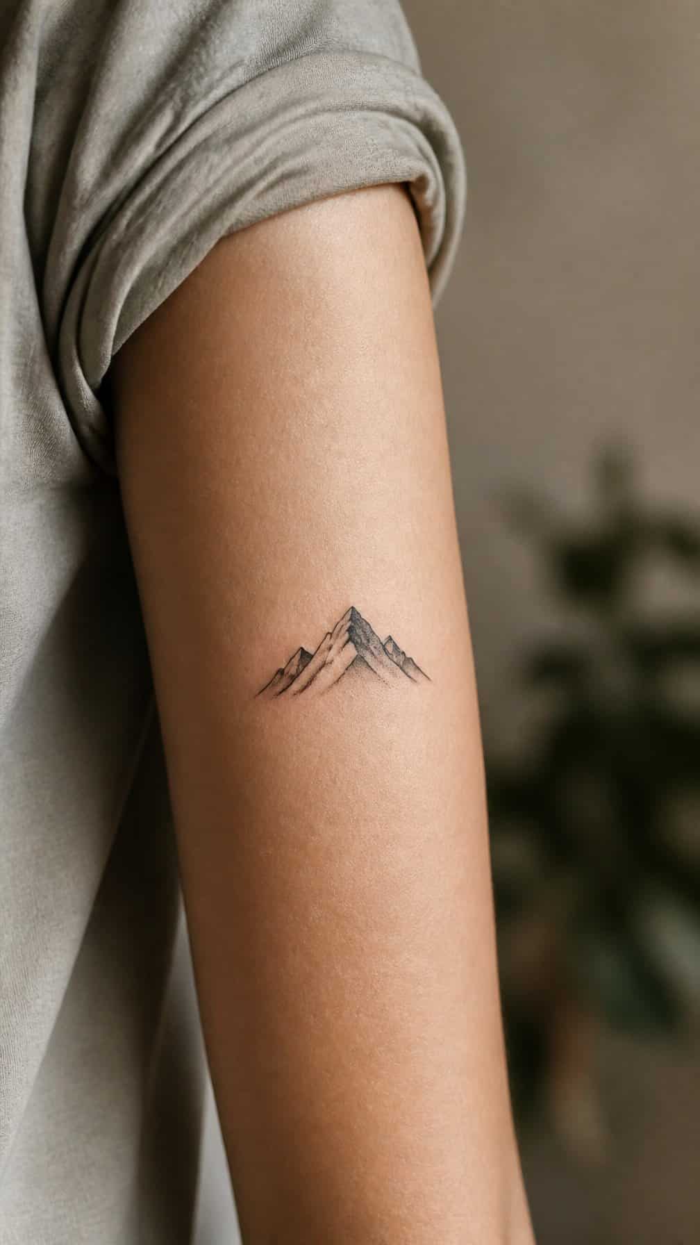 A small mountain peak tattoo on a person's forearm.