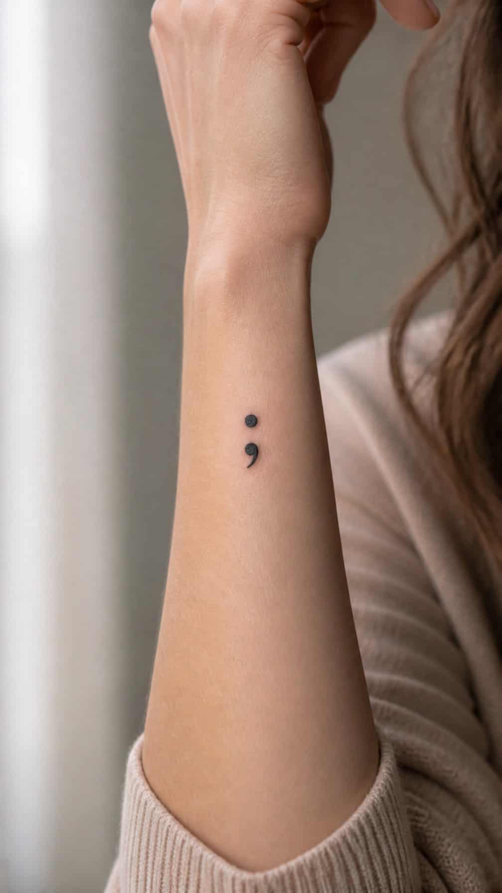 A woman’s inner forearm with a small semicolon tattoo.