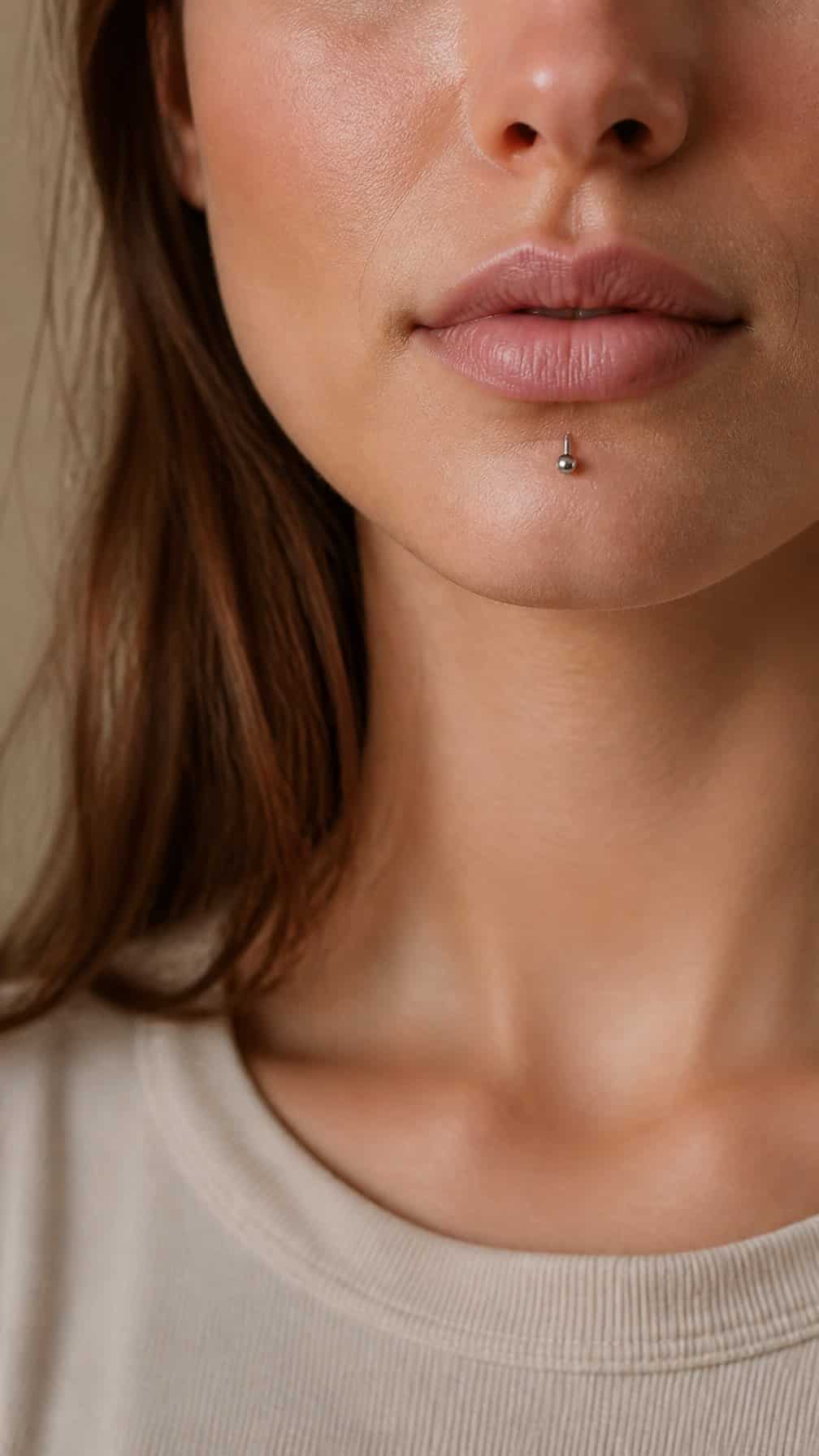 Close-up of a person with a small silver vertical labret piercing beneath the lower lip.