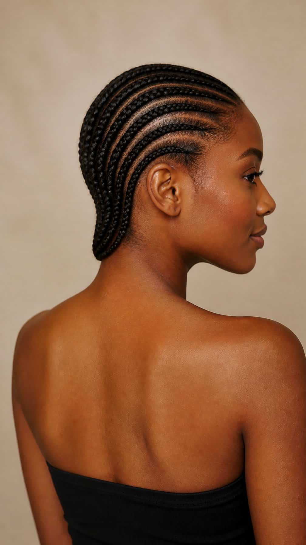 A woman poses in a softly lit studio with neatly arranged braids.