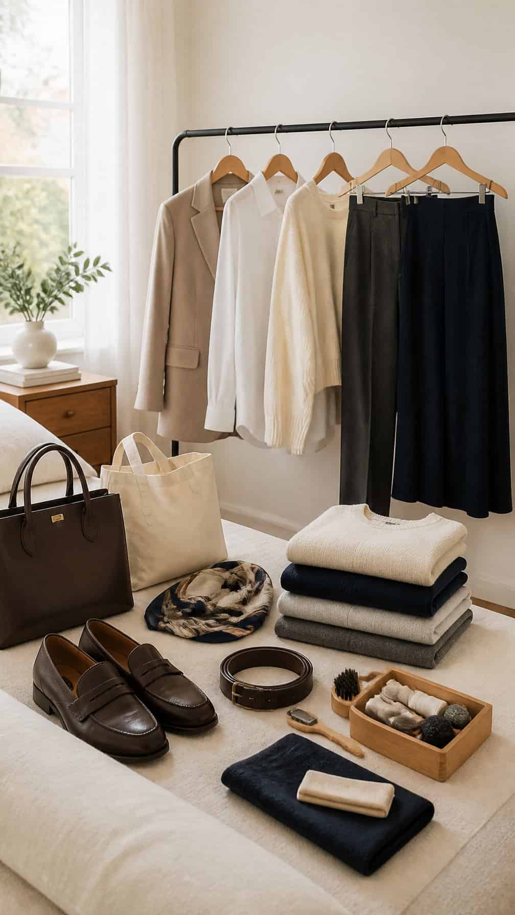 A neatly arranged wardrobe of classic neutral clothing, shoes, accessories, and garment-care items in a bright dressing space.