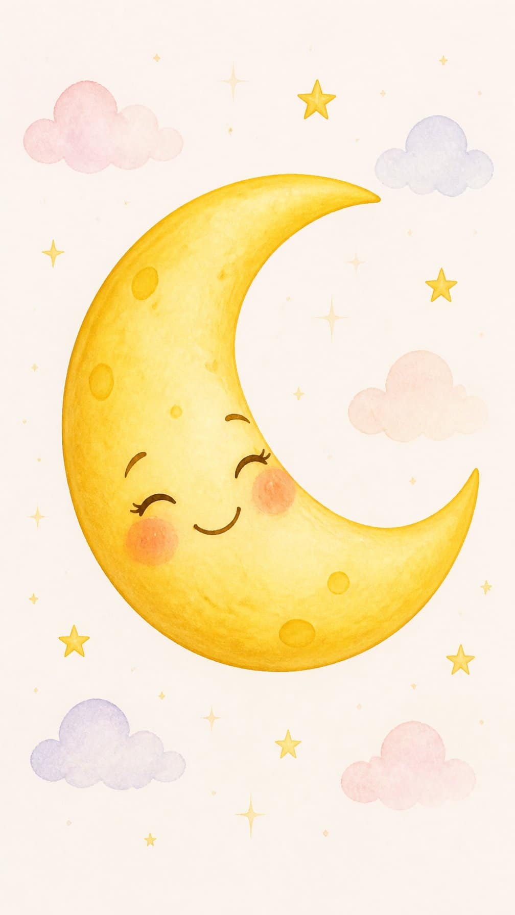 A smiling crescent moon surrounded by small stars and soft clouds.