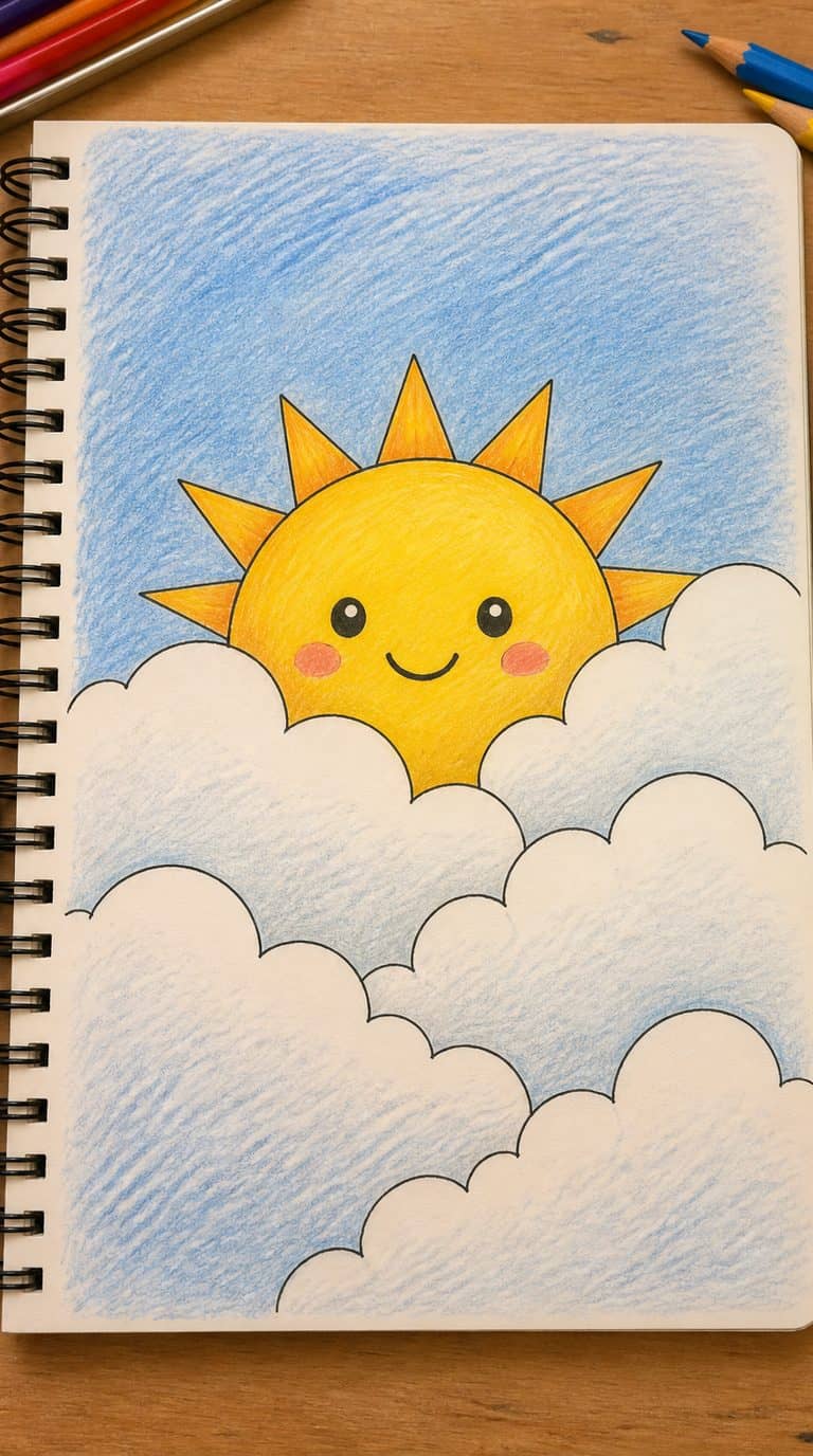 A hand-drawn artwork of smiling sun behind fluffy clouds.