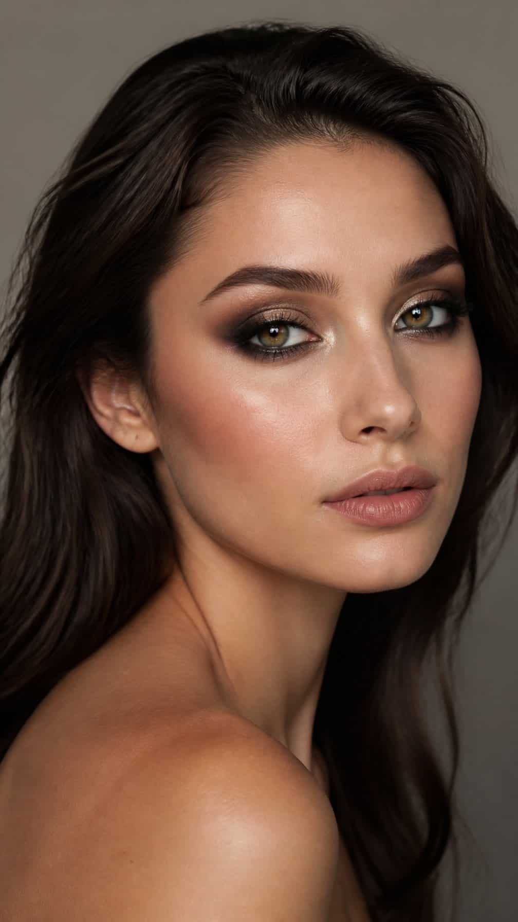 Close-up portrait of a woman wearing softly blended charcoal and brown smokey eye makeup.