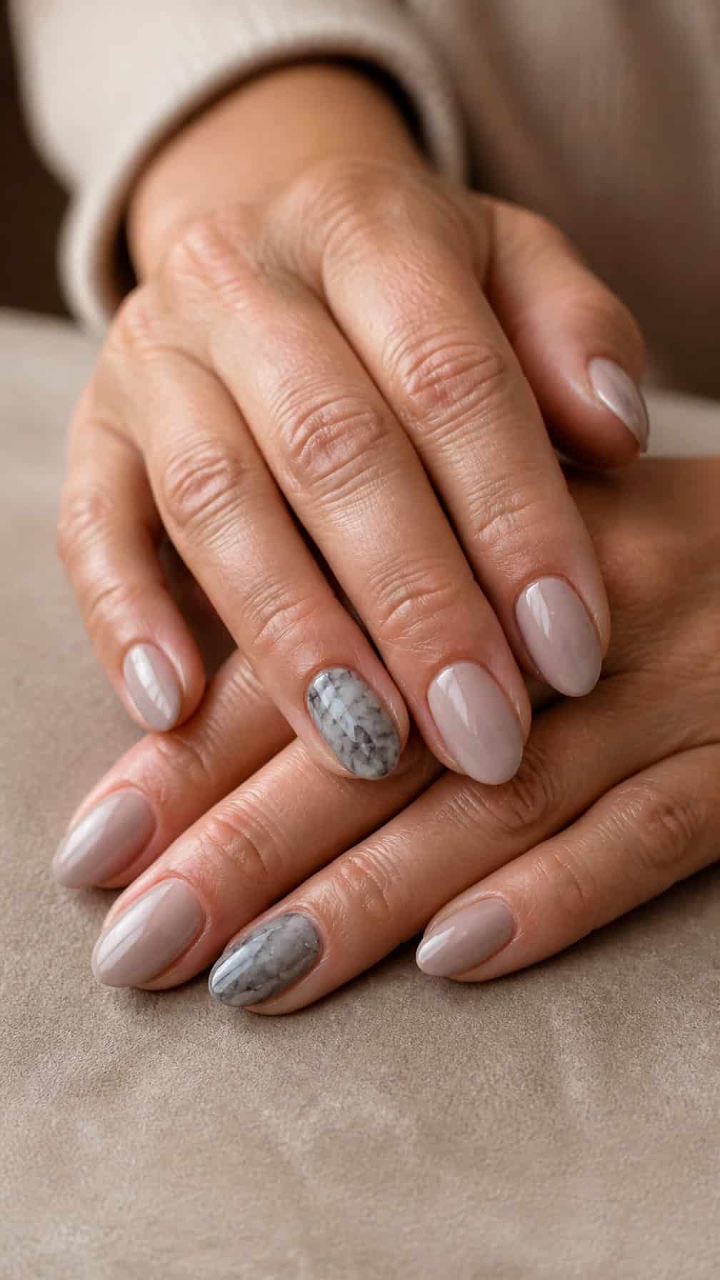A woman’s hands display a soft nude manicure with smoky gray marble accent nails.