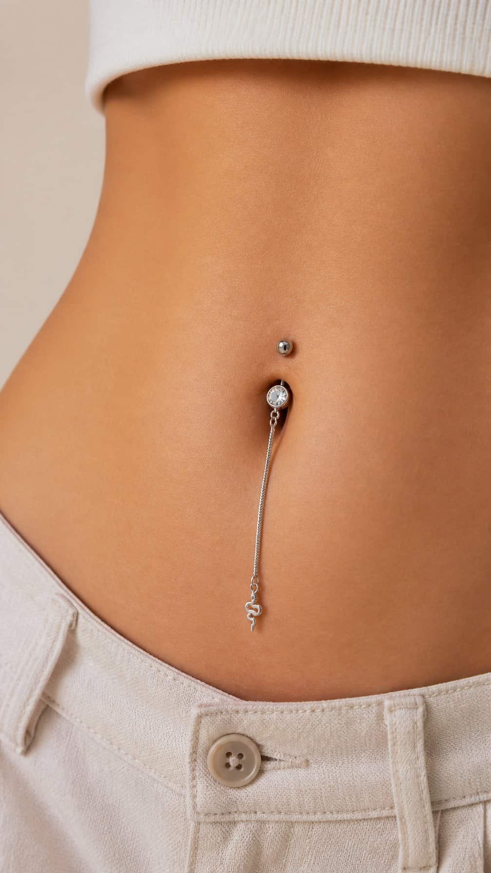 Close-up of an adult midriff showing a dangling snake-chain belly button piercing.
