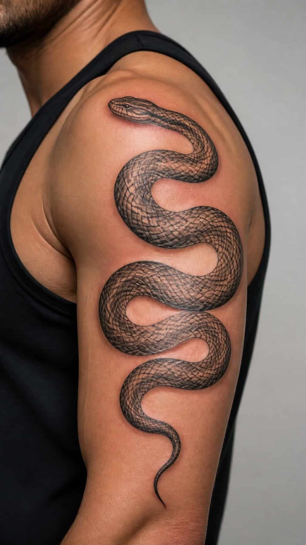 A snake tattoo coils from a person’s shoulder down around the upper arm toward the bicep.